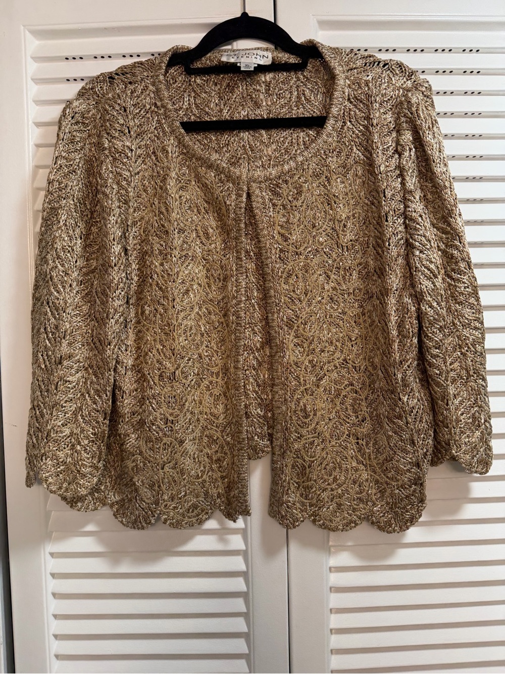 St John Evening Metallic Gold Crochet Knit Cardigan